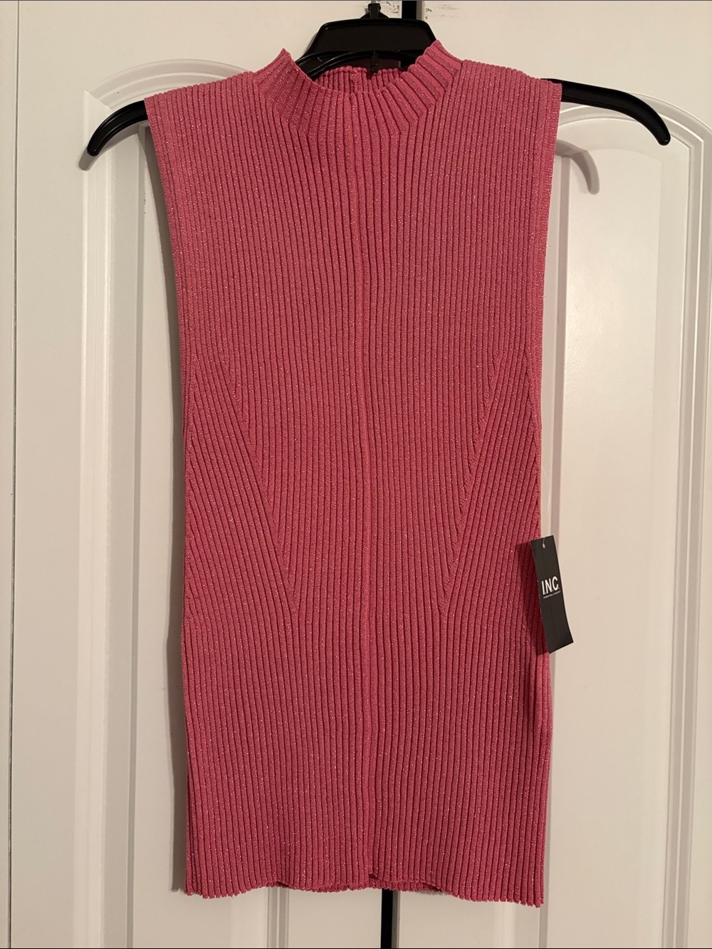 INC International Concepts Ribbed Sleeveless Mock Neck Tank in Rose Pink